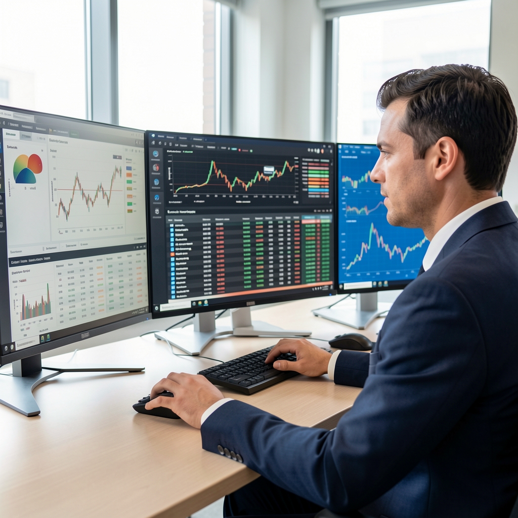 Analista financiero observando múltiples monitores con gráficos y tablas de datos