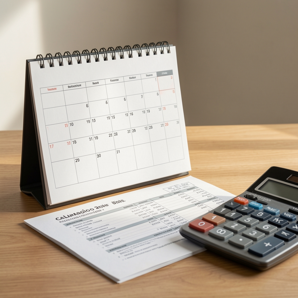 Calendario de escritorio con fecha marcada junto a documentos fiscales y una calculadora