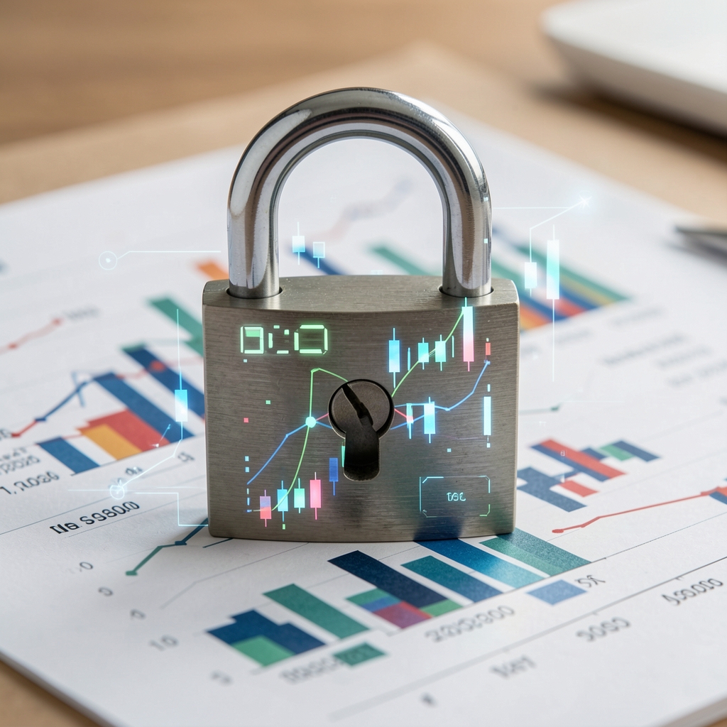Ilustración de un candado digital superpuesto sobre gráficos financieros representando la protección de datos contables