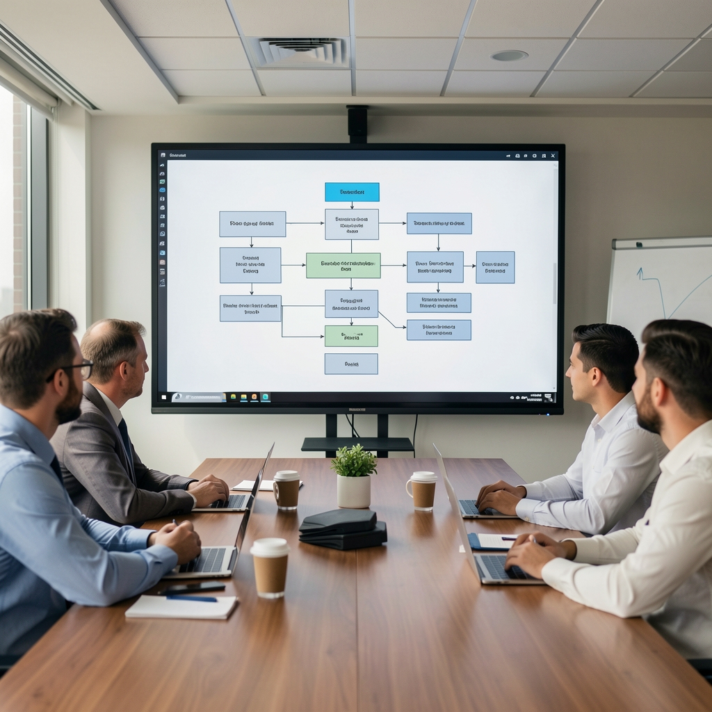 Diagrama de flujo de procesos automatizados proyectado en una pantalla durante una reunión de oficina