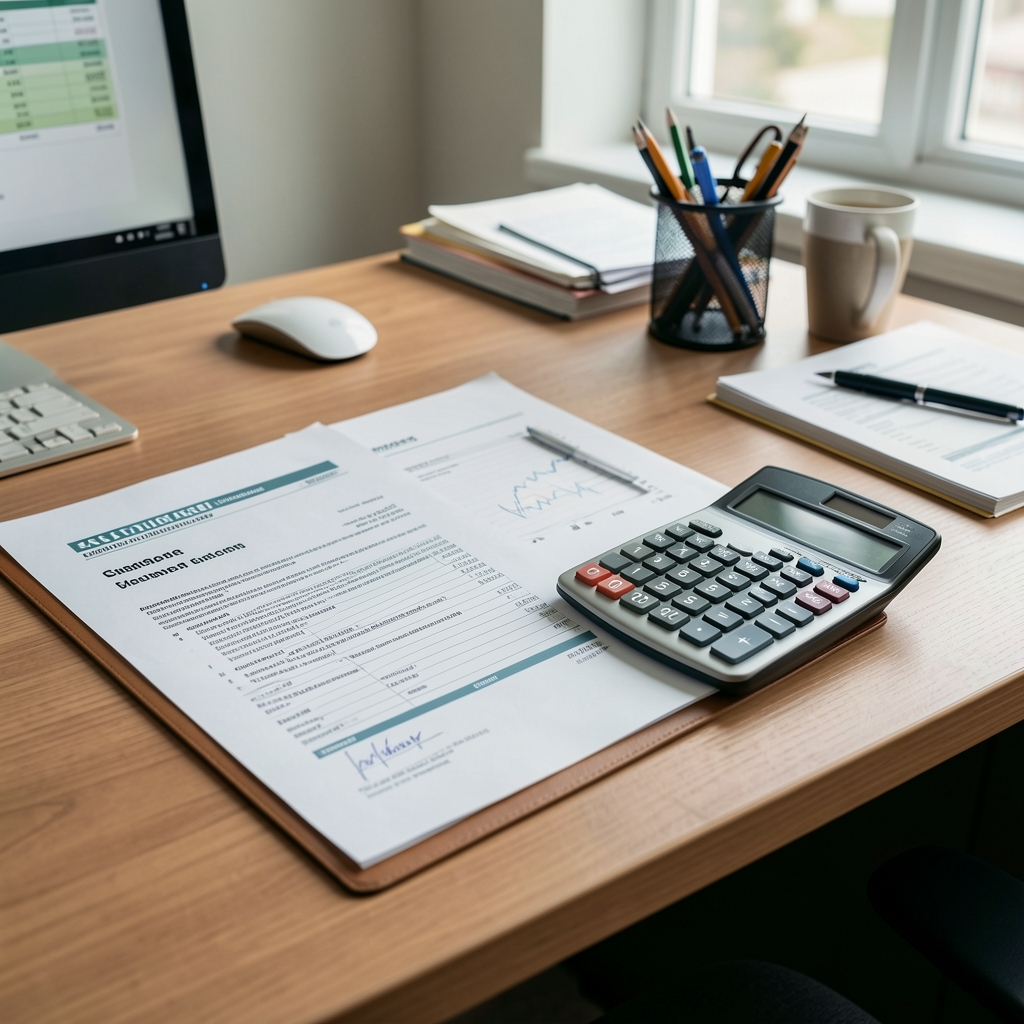 Documentos financieros y calculadora sobre un escritorio de oficina ordenado