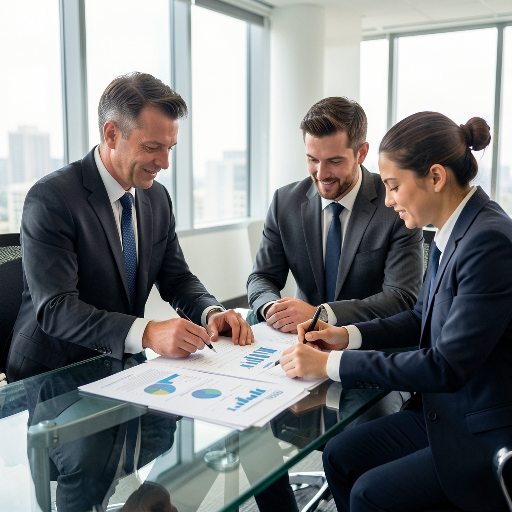 Equipo de profesionales contables revisando informes financieros impresos sobre una mesa de vidrio