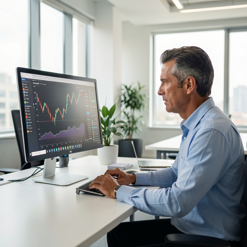 Contador profesional analizando gráficos financieros en una pantalla de computadora en una oficina moderna y luminosa