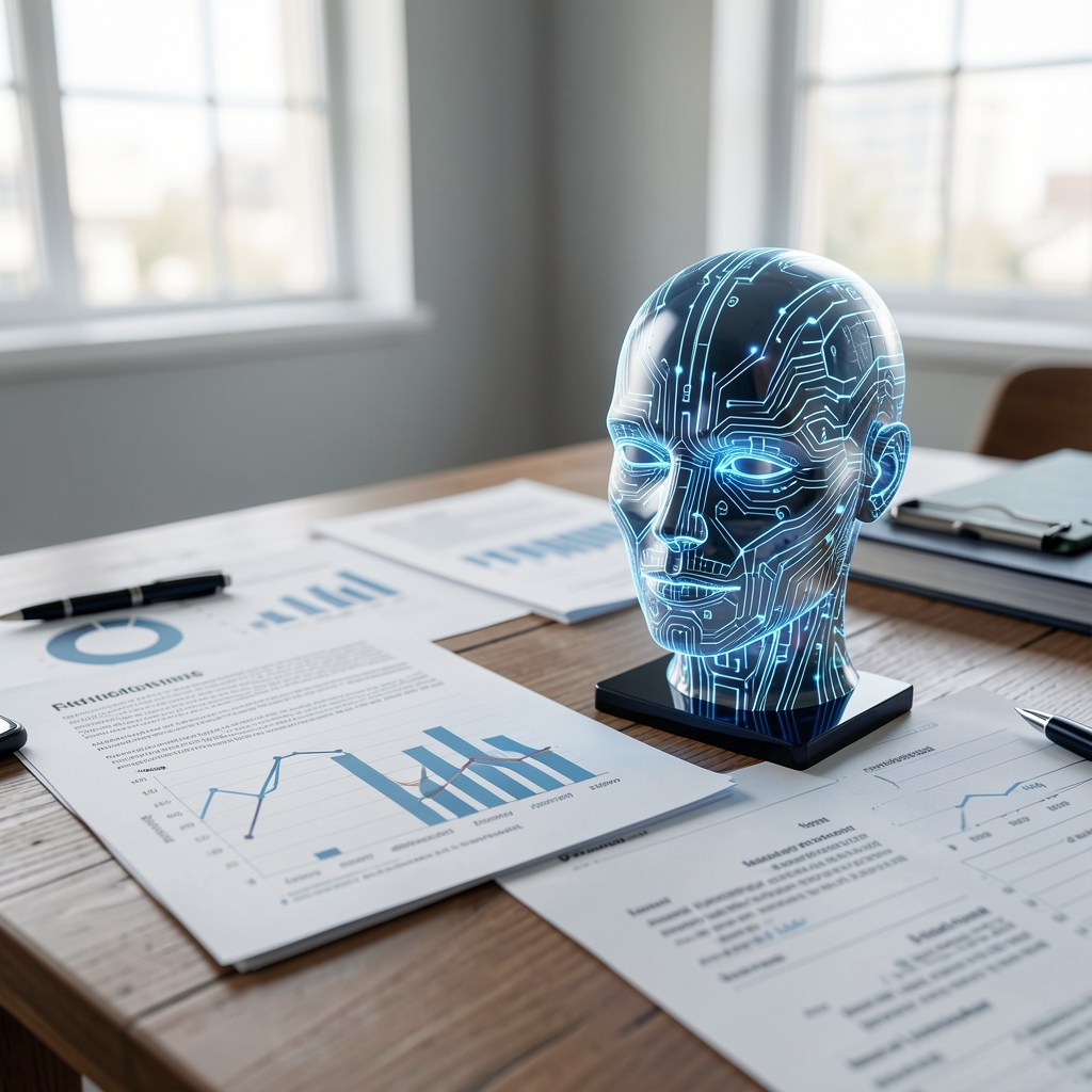 Icono de inteligencia artificial junto a documentos de auditoría financiera sobre un escritorio