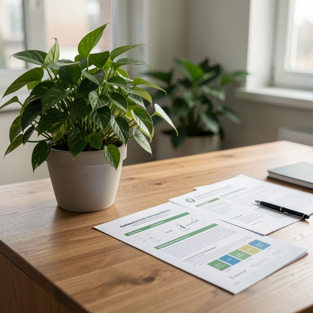 Planta verde junto a documentos de informes de sostenibilidad sobre un escritorio de madera