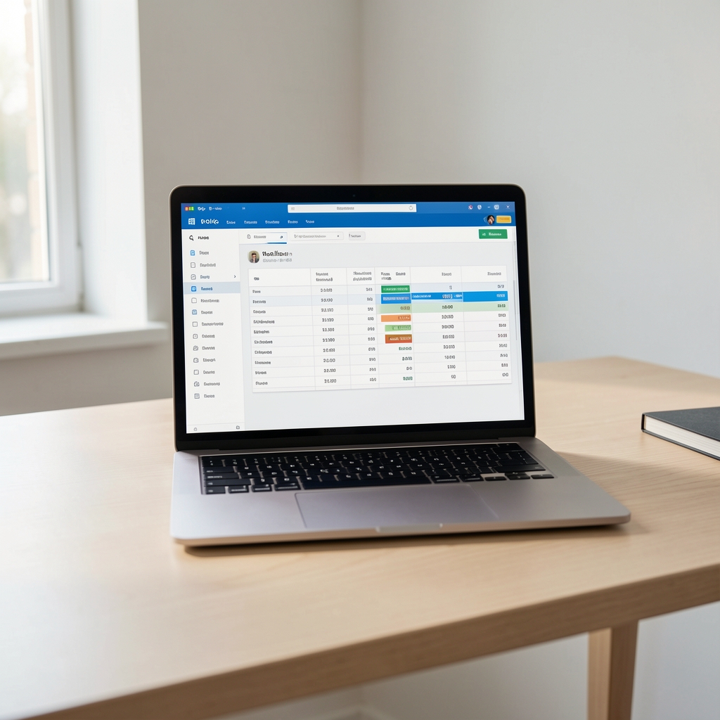 Software de contabilidad en la pantalla de una laptop en un escritorio minimalista