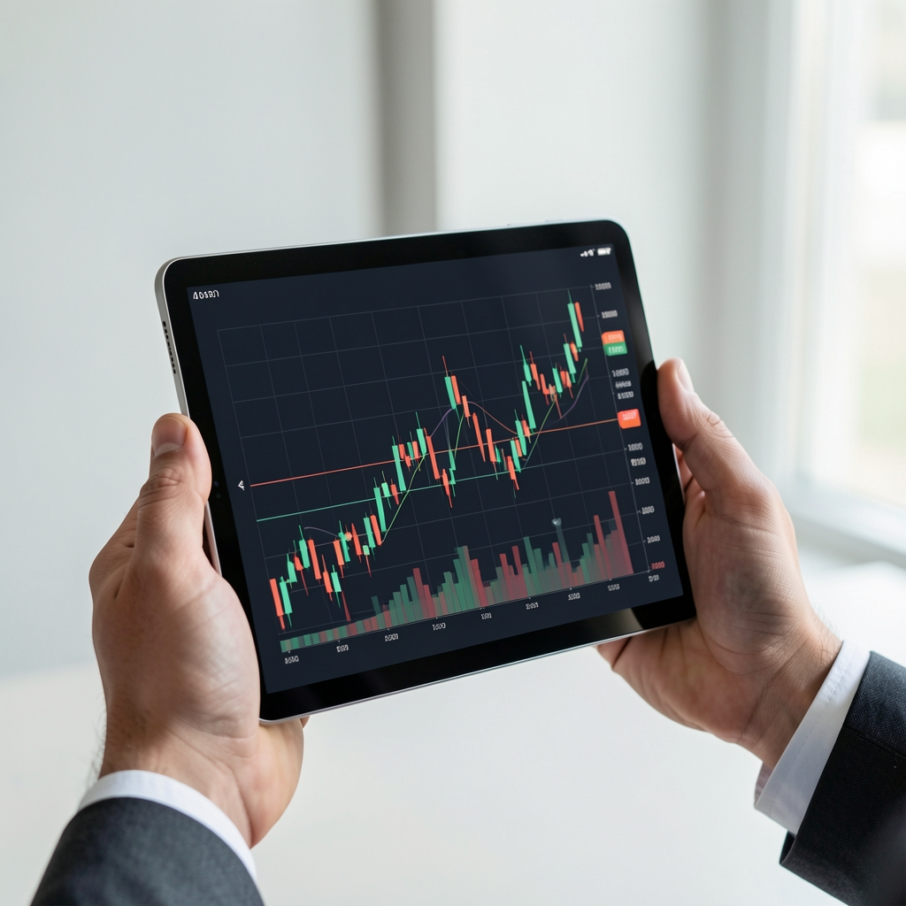 Manos sosteniendo un tablet con gráficos de tendencias financieras en pantalla